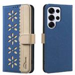 For Samsung Galaxy S23 Ultra 5G Splicing Color Hollow Flower Pattern RFID Leather Phone Case(Dark Blue)