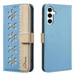 For Samsung Galaxy S23 5G Splicing Color Hollow Flower Pattern RFID Leather Phone Case(Baby Blue)