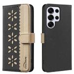 For Samsung Galaxy S24 Ultra 5G Splicing Color Hollow Flower Pattern RFID Leather Phone Case(Black)