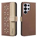 For Samsung Galaxy S24 Ultra 5G Splicing Color Hollow Flower Pattern RFID Leather Phone Case(Brown)