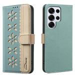 For Samsung Galaxy S25 Ultra 5G Splicing Color Hollow Flower Pattern RFID Leather Phone Case(Green)