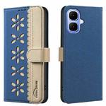For Infinix Smart 10 4G Splicing Color Hollow Flower Pattern RFID Leather Phone Case(Dark Blue)