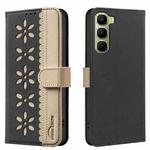 For Infinix Hot 60 Pro 4G Splicing Color Hollow Flower Pattern RFID Leather Phone Case(Black)