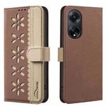 For OPPO A98 5G / F23 / A1 Splicing Color Hollow Flower Pattern RFID Leather Phone Case(Brown)