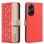 For OPPO A98 5G / F23 / A1 Splicing Color Hollow Flower Pattern RFID Leather Phone Case(Red)