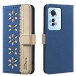 For OPPO Reno11 F Splicing Color Hollow Flower Pattern RFID Leather Phone Case(Dark Blue)