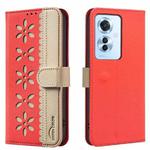 For OPPO Reno11 F Splicing Color Hollow Flower Pattern RFID Leather Phone Case(Red)