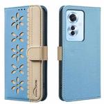 For OPPO Reno11 F Splicing Color Hollow Flower Pattern RFID Leather Phone Case(Baby Blue)