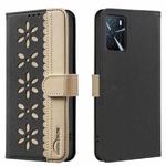 For OPPO A16 / A16S / A54S / A55 5G Splicing Color Hollow Flower Pattern RFID Leather Phone Case(Black)