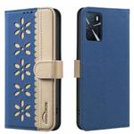 For OPPO A16 / A16S / A54S / A55 5G Splicing Color Hollow Flower Pattern RFID Leather Phone Case(Dark Blue)