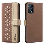 For OPPO A16 / A16S / A54S / A55 5G Splicing Color Hollow Flower Pattern RFID Leather Phone Case(Brown)