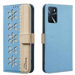 For OPPO A16 / A16S / A54S / A55 5G Splicing Color Hollow Flower Pattern RFID Leather Phone Case(Baby Blue)