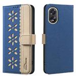 For OPPO A38 / A18 Splicing Color Hollow Flower Pattern RFID Leather Phone Case(Dark Blue)