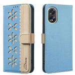 For OPPO A38 / A18 Splicing Color Hollow Flower Pattern RFID Leather Phone Case(Baby Blue)