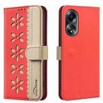 For OPPO A58 4G Splicing Color Hollow Flower Pattern RFID Leather Phone Case(Red)