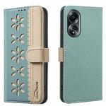 For OPPO A58 4G Splicing Color Hollow Flower Pattern RFID Leather Phone Case(Green)