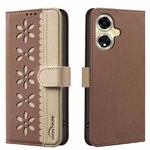 For OPPO A59 5G Splicing Color Hollow Flower Pattern RFID Leather Phone Case(Brown)