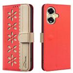 For OPPO A59 5G Splicing Color Hollow Flower Pattern RFID Leather Phone Case(Red)