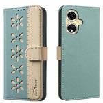 For OPPO A59 5G Splicing Color Hollow Flower Pattern RFID Leather Phone Case(Green)