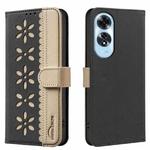 For OPPO A60 4G Splicing Color Hollow Flower Pattern RFID Leather Phone Case(Black)