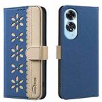 For OPPO A60 4G Splicing Color Hollow Flower Pattern RFID Leather Phone Case(Dark Blue)