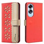 For OPPO A60 4G Splicing Color Hollow Flower Pattern RFID Leather Phone Case(Red)