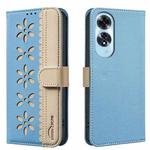 For OPPO A60 4G Splicing Color Hollow Flower Pattern RFID Leather Phone Case(Baby Blue)