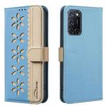 For OPPO A72 / A52 / A92 Splicing Color Hollow Flower Pattern RFID Leather Phone Case(Baby Blue)