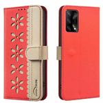 For OPPO A74 4G / F19 4G Splicing Color Hollow Flower Pattern RFID Leather Phone Case(Red)