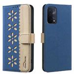For OPPO A74 5G / A93 5G / A54 5G Splicing Color Hollow Flower Pattern RFID Leather Phone Case(Dark Blue)