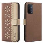 For OPPO A74 5G / A93 5G / A54 5G Splicing Color Hollow Flower Pattern RFID Leather Phone Case(Brown)