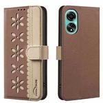 For OPPO A78 4G Splicing Color Hollow Flower Pattern RFID Leather Phone Case(Brown)