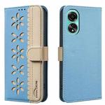 For OPPO A78 4G Splicing Color Hollow Flower Pattern RFID Leather Phone Case(Baby Blue)