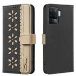 For OPPO A94 4G / Reno5 F / F19 Pro Splicing Color Hollow Flower Pattern RFID Leather Phone Case(Black)