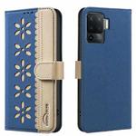 For OPPO A94 4G / Reno5 F / F19 Pro Splicing Color Hollow Flower Pattern RFID Leather Phone Case(Dark Blue)