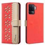 For OPPO A94 4G / Reno5 F / F19 Pro Splicing Color Hollow Flower Pattern RFID Leather Phone Case(Red)