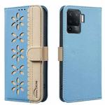 For OPPO A94 4G / Reno5 F / F19 Pro Splicing Color Hollow Flower Pattern RFID Leather Phone Case(Baby Blue)