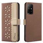 For OPPO A95 5G / F19 Pro+ / Reno5 Z Splicing Color Hollow Flower Pattern RFID Leather Phone Case(Brown)