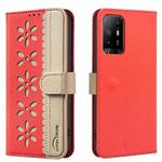 For OPPO A95 5G / F19 Pro+ / Reno5 Z Splicing Color Hollow Flower Pattern RFID Leather Phone Case(Red)