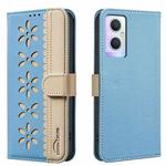 For OPPO A96 5G / Reno7 Z 5G Splicing Color Hollow Flower Pattern RFID Leather Phone Case(Baby Blue)