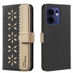 For OPPO Reno13 F 5G Splicing Color Hollow Flower Pattern RFID Leather Phone Case(Black)
