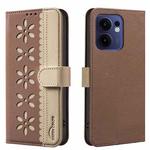 For OPPO Reno13 F 5G Splicing Color Hollow Flower Pattern RFID Leather Phone Case(Brown)