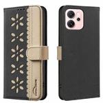 For OPPO Reno14 F 5G Splicing Color Hollow Flower Pattern RFID Leather Phone Case(Black)