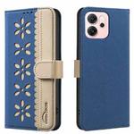 For OPPO Reno14 F 5G Splicing Color Hollow Flower Pattern RFID Leather Phone Case(Dark Blue)