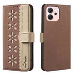 For OPPO Reno14 F 5G Splicing Color Hollow Flower Pattern RFID Leather Phone Case(Brown)