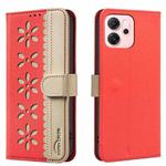 For OPPO Reno14 F 5G Splicing Color Hollow Flower Pattern RFID Leather Phone Case(Red)
