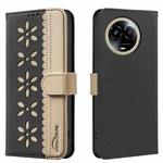 For Realme 11 5G Global / 11X Splicing Color Hollow Flower Pattern RFID Leather Phone Case(Black)