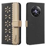 For Realme 12 5G Global Splicing Color Hollow Flower Pattern RFID Leather Phone Case(Black)
