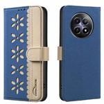 For Realme 12 5G Global Splicing Color Hollow Flower Pattern RFID Leather Phone Case(Dark Blue)