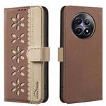 For Realme 12 5G Global Splicing Color Hollow Flower Pattern RFID Leather Phone Case(Brown)
